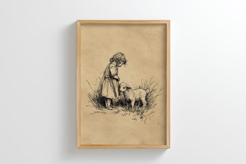 Little Shepherdess Sketch Art | Vintage Pastoral Wall Art for Farmhouse Decor (Digital Download)