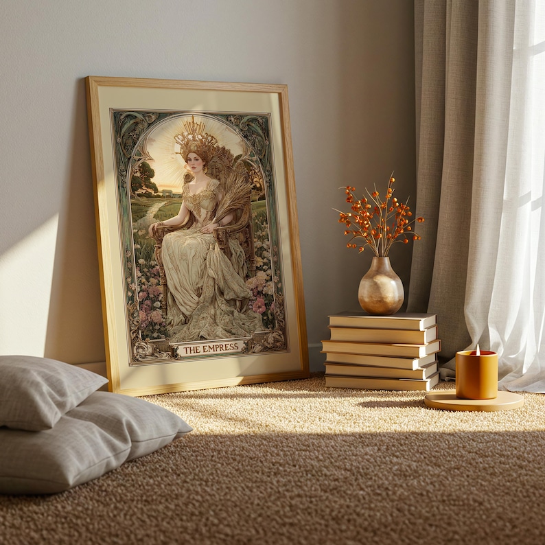 Elegant the empress tarot design as a vintage tarot poster, perfect tarot wall art in art nouveau floral style.