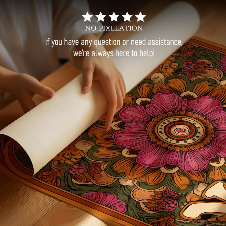 Puede incluir: Una impresi&oacute;n decorativa enrollada con un dise&ntilde;o floral en tonos rosa, naranja y verde. La impresi&oacute;n se est&aacute; desenrollando, revelando los intrincados detalles de la obra de arte. El texto en la impresi&oacute;n dice: "NO PIXELATION if you have any question or need assistance, we're always here to help!"