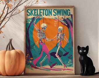 Skelett Schaukel Poster: Retro Halloween Tanzende Skelette Wand Kunst (Digitaler Download)