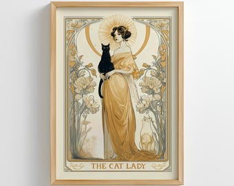 The Cat Lady Tarot Card Print: Vintage Art Nouveau Home Decor (Digital Download)