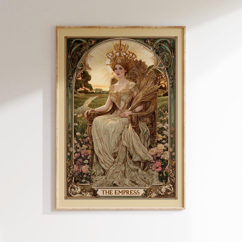 Elegant the empress tarot design as a vintage tarot poster, perfect tarot wall art in art nouveau floral style.