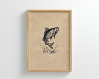 Jumping Fish Sketch Print: Vintage Trout Wall Art (Digital Download)