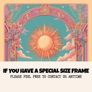 Framed The Sun tarot illustration as a vintage tarot poster, radiant mystical tarot wall art in art nouveau celestial style.