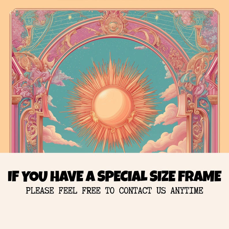 Framed The Sun tarot illustration as a vintage tarot poster, radiant mystical tarot wall art in art nouveau celestial style.