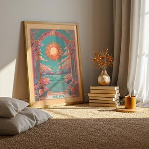 Framed The Sun tarot illustration as a vintage tarot poster, radiant mystical tarot wall art in art nouveau celestial style.