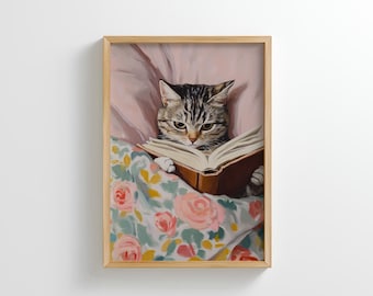 Póster de gato atigrado leyendo un libro: Arte de biblioteca caprichoso (descarga digital)