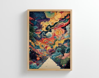 Maximalist Trippy Art Print | Psychedelic Surreal Highway (Digital Download)