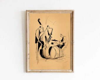 Croquis de trompette d'orchestre de jazz d'art mural | Décoration de salon dessin de musicien vintage (produits numériques)
