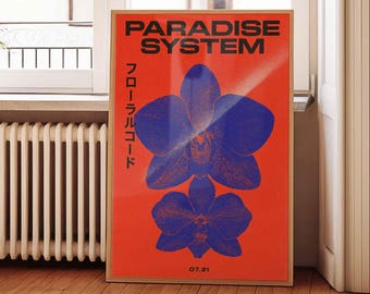 Grafik druckbare Poster, mutige Blume Wand Kunst digitaler Download, japanische Typografie Print, Retro rot blau botanische Grafik Kunstdruck