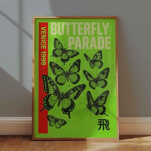 Butterfly Poster Printable, Retro Insect Wall Art Digital Download, 90s Style Graphic Butterfly Illustration, Bold Green Red Art Print