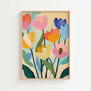 Colorful Tulip Printable Wall Art, Spring Floral Digital Download, Whimsical Pastel Flower Illustration, Modern Joyful Botanical Wall Decor