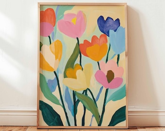 Bunte Tulpe druckbare Wandkunst, Frühling Blumen digitaler Download, wunderliche Pastell Blume Illustration, moderne fröhliche botanische Wand-Dekor