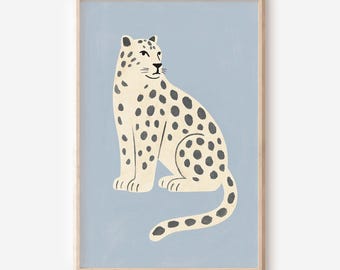Modern Snow Leopard Printable Wall Art, Digital Download Animal Illustration, Big Cat Art Print, Nursery Leopard Poster