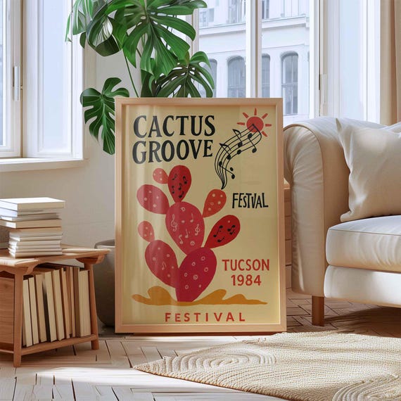 Retro Music Festival Poster Printable, Desert Cactus Wall Art Digital Download, Tucson Arizona 1984 Concert Print, Vintage Inspired Decor
