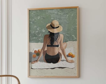 Art mural côtier fille plage, impression de mode femme plage tropicale, art estival chic moderne, impression esthétique téléchargement numérique Boho Ocean Resort