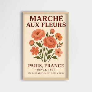 Flower Market Printable Wall Art, French Floral Poster Digital Download, Marché Aux Fleurs Paris Illustration, Botanical Typographic Print