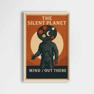Astronaut Printable Wall Art, Surreal Space Helmet Digital Download, Cosmic Flowers Moon Stars Poster, Retro Sci-Fi Illustration Print