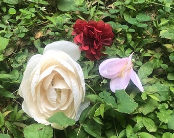 Faux flower set of 3 pins, burgundy blush and cream floral hair piece set, wedding hair pins, boho wedding hair flowers