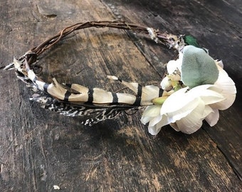 Cream and Sage Faux Flower Wedding Crown, Grapevine Flower Crown, Artificial Flower Crown