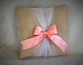Burlap and tulle ring pillow with coral satin ribbon