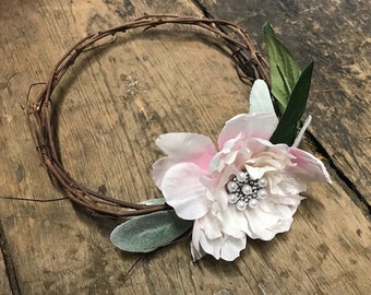 Pink Blush Faux Flower Wedding Crown, Rhinestone and Grapevine Flower Crown, Artificial Flower Crown