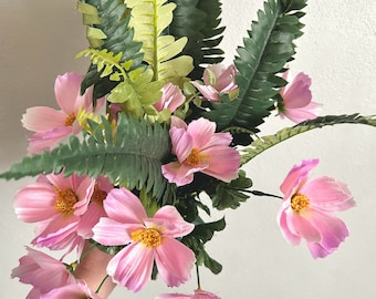 Artificial pink tropical garden bridal bouquet with pink cosmos and faux fern accents