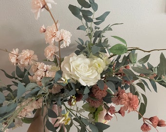 Faux bridal bouquet with real-touch blush and greenery stem details