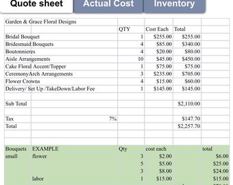 Profitable floral design spreadsheet and template package, with 3 user-friendly pre-calculated and designed spreadsheets