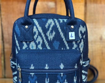 Handwoven Indigo Backpack with Handle Thai Northeastern Isan Fabric Small 6x10x12 Inch