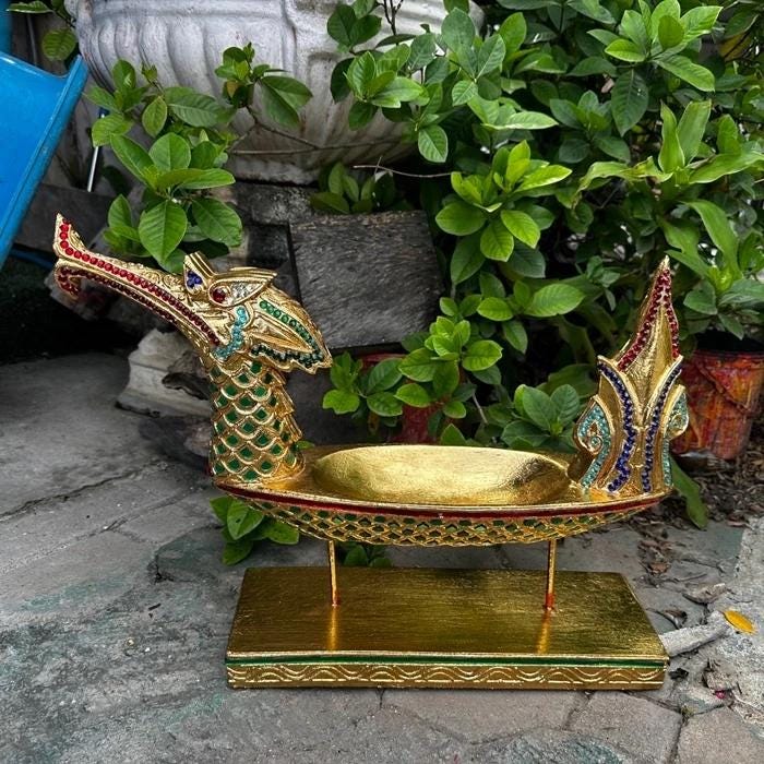 スパンナホンボート　タイ民芸品 Hand-carved Thai Swan Boat: Golden Teak Wood With Glass Inlay - Etsy