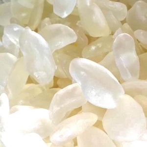 May include: Close-up of a pile of translucent, oval-shaped palm fruit seeds. The seeds have a pale, creamy white colour and a smooth texture. The image is well-lit, highlighting the details of the seeds.