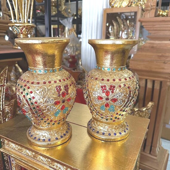 Thai Golden Vasen Set: Handgefertigtes Chamchuri Holz mit Blattgold