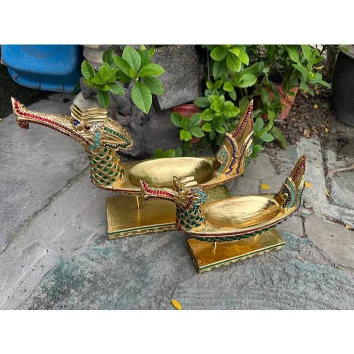 Hand-carved Thai Swan Boat: Golden Teak Wood With Glass Inlay - Etsy