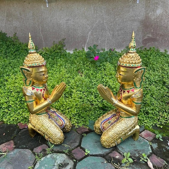 手彫り金箔タイ天使像：レインツリーウッドモザイク象嵌（2体セット 