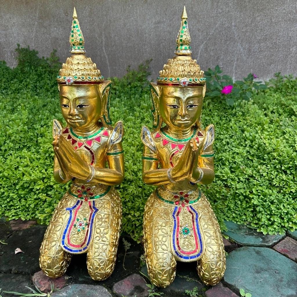 手彫りの金箔タイの天使像：レインツリー木製モザイク象嵌（2体セット