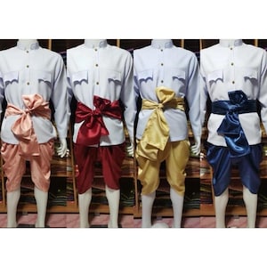 Traditional Thai Men&#39;s Raj Pattern Set Shirt Pants Waist Belt