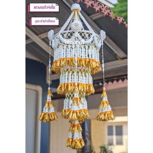 Traditional Thai Hanging Garland – 4-Tier Golden Champa Design, 35x90 cm – Floral Decoration for Ceremonies, Weddings, Religious Events
