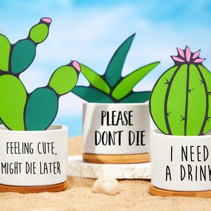 May include: Three white ceramic plant pots with humorous sayings on them. The pots are filled with green paper cutouts of cacti and succulents. The sayings are "Feeling cute, might die later", "Please don't die", and "I need a drink".
