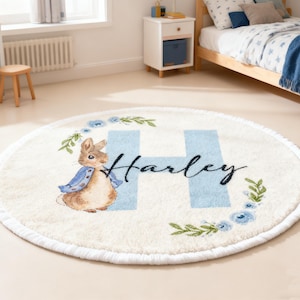 Personalisierter niedlicher Peter Rabbit Initialen mit Name Weicher Teppich Ostern Geschenk für Kinder Teppich Geburtstagsgeschenke für Kinder, Osterdekor