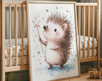 Hedgehog Nursery Poster, Cute Woodland Wall Art, Star Wand Kids Print
