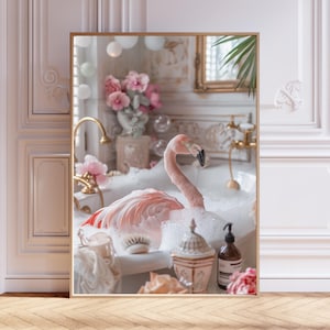 Funny Flamingo in Bathtub Art Print – Whimsical Bathroom Wall Décor, Pink Animal Poster, Quirky Gift, Surreal Flamingo Artwork