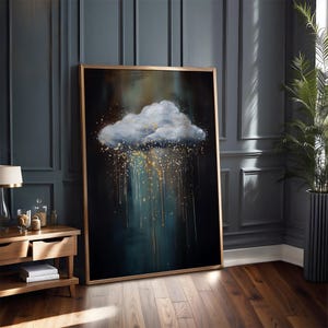 May include: A framed abstract painting of a white cloud with gold accents on a dark blue background. The cloud appears to be raining gold glitter.