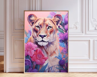 Tropical Lion Art Print, Botanical Home Decor