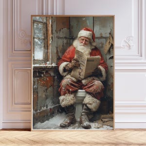 Funny Santa Bathroom Print – Santa Claus on Toilet Reading Newspaper, Quirky Christmas Wall Art, Holiday Bathroom Décor, Toilet Poster