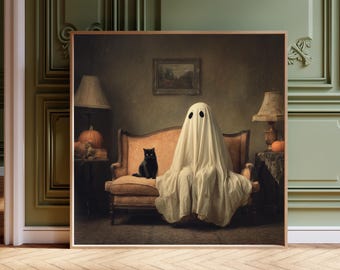 Ghost and Black Cat Print – Halloween Wall Art