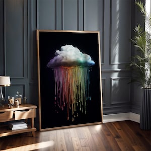 Peut inclure: Une impression encadrée d'un nuage blanc avec des gouttes de pluie colorées qui en tombent. Le nuage est sur un fond noir.