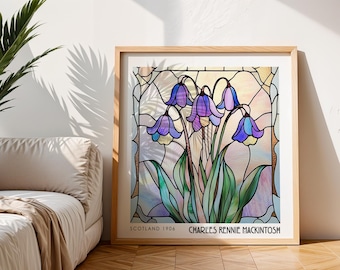 Blomtryck med blåklocka - Charles Rennie Mackintosh målat glasdekor - Art Nouveau-affisch - Kvadratiskt art déco-tryck - Botanisk väggkonst