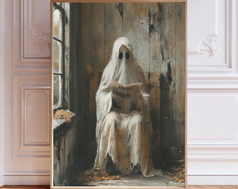 Funny Ghost Print – Spooky Ghost on Toilet Reading Newspaper Poster