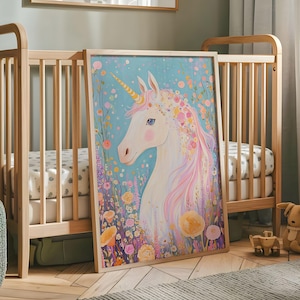 Floral Unicorn Nursery Print - Whimsical Kids Room Wall Art - Fantasy Unicorn Poster - Pastel Boho Decor - Girls Bedroom Artwork